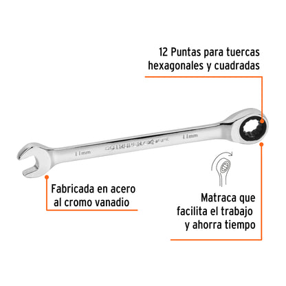 LLAVE COMBINADA CON MATRACA 11 MM x 160 MM LARGO, EXPERT 13620 P