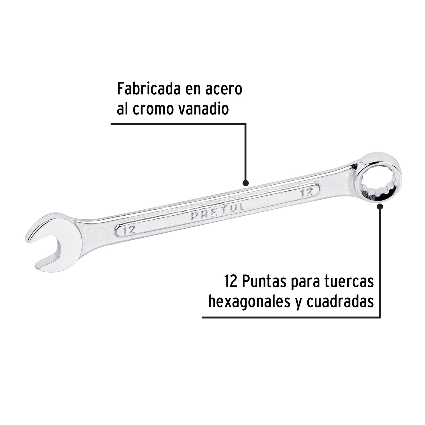 LLAVE COMBINADA 12 MM x 160 MM DE LARGO, PRETUL 21906 P