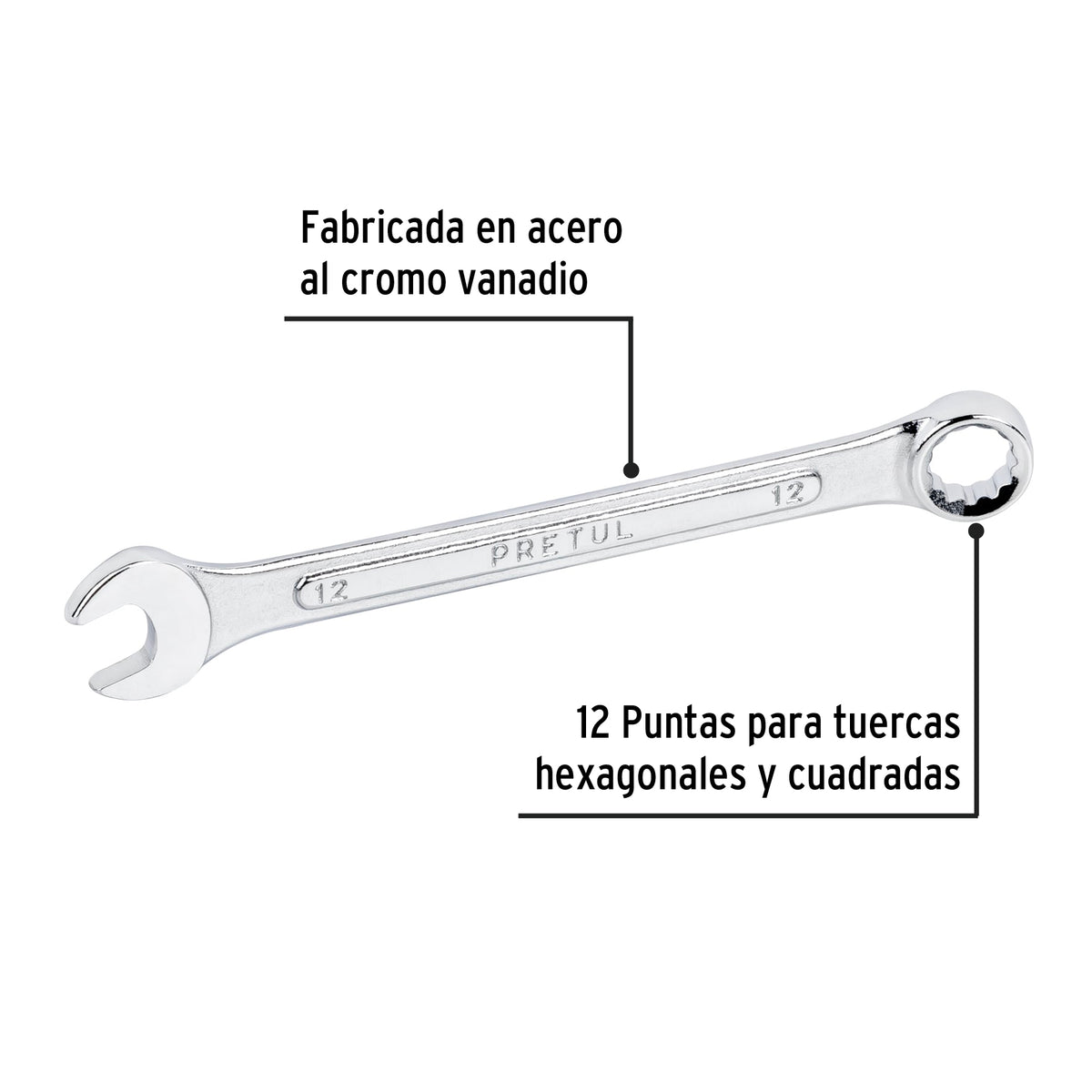 LLAVE COMBINADA 12 MM x 160 MM DE LARGO, PRETUL 21906 P