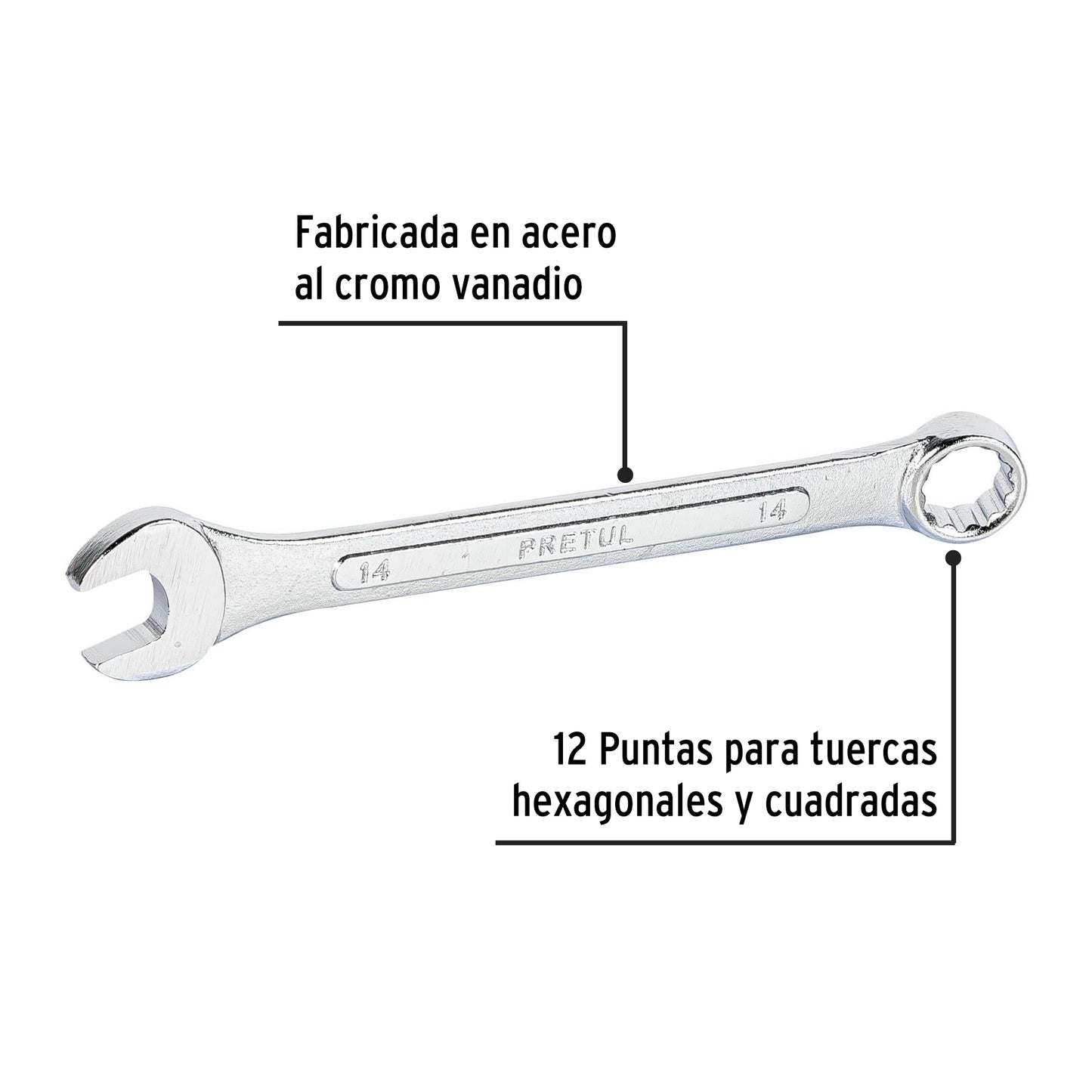 LLAVE COMBINADA 14 MM x 180 MM DE LARGO, PRETUL 21908 P
