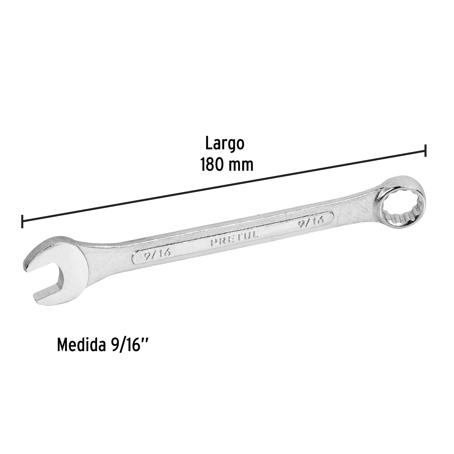 LLAVE COMBINADA 9/16'' x 180 MM DE LARGO, PRETUL 21885 *