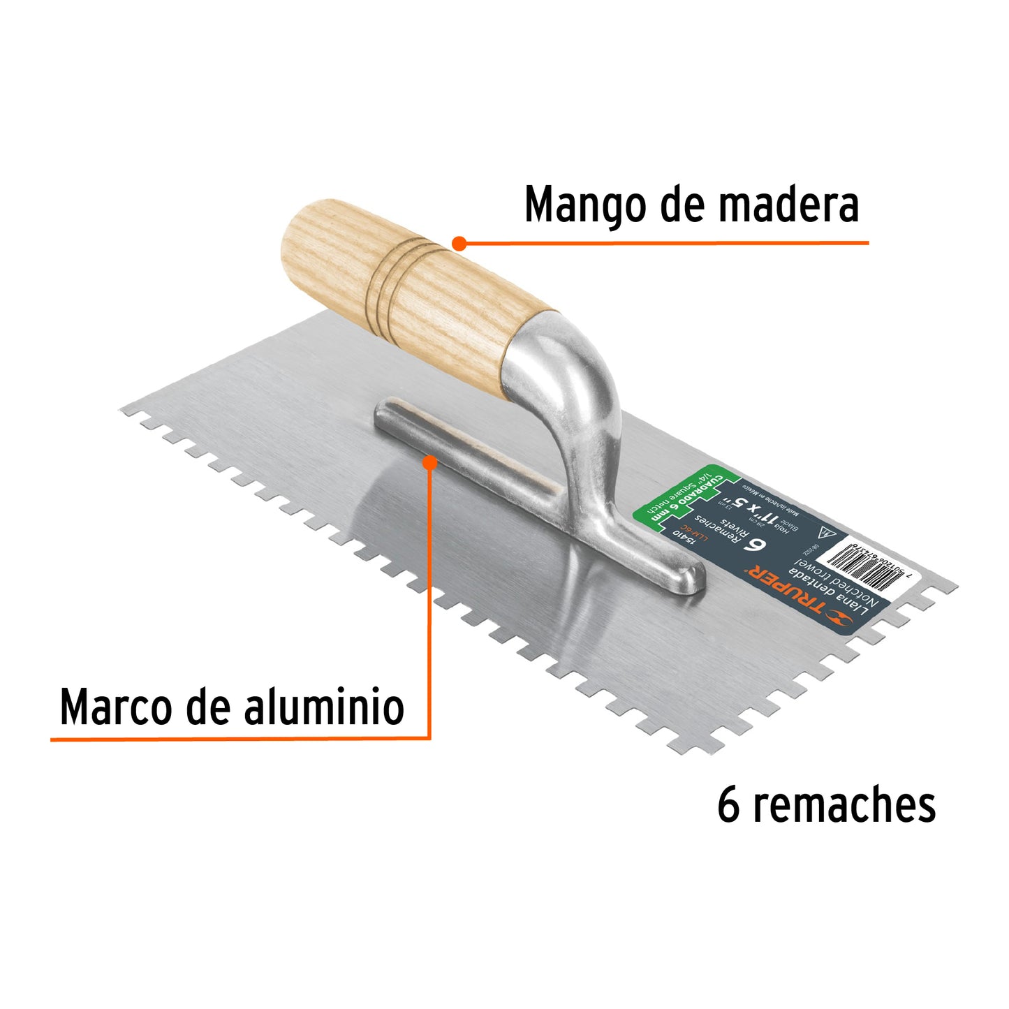 LLANA 11' DENTADO CUADRADO 1/4', 6 REMACHES, MGO MADERA 15410 *