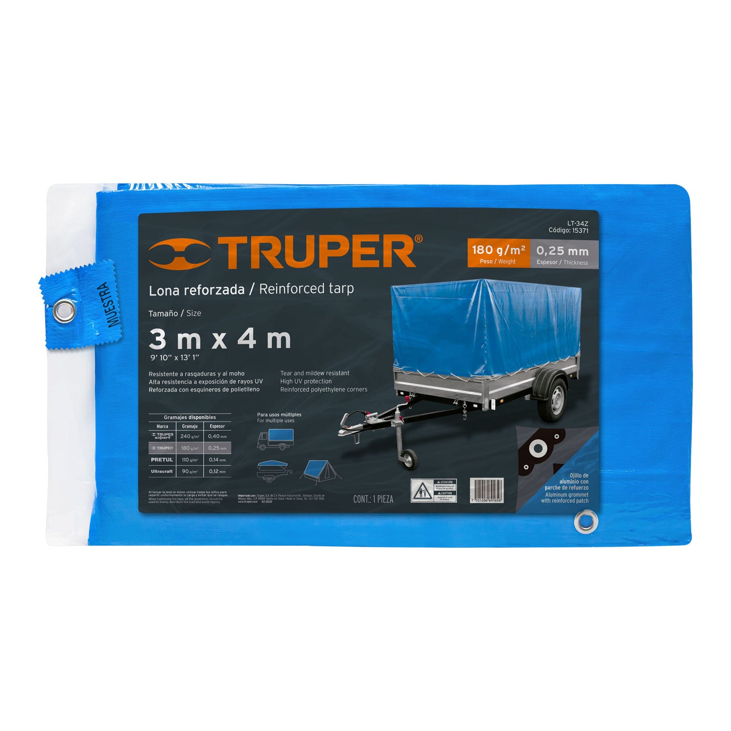 LONA REFORZADA 3 X 4 M, AZUL, TRUPER 15371 *