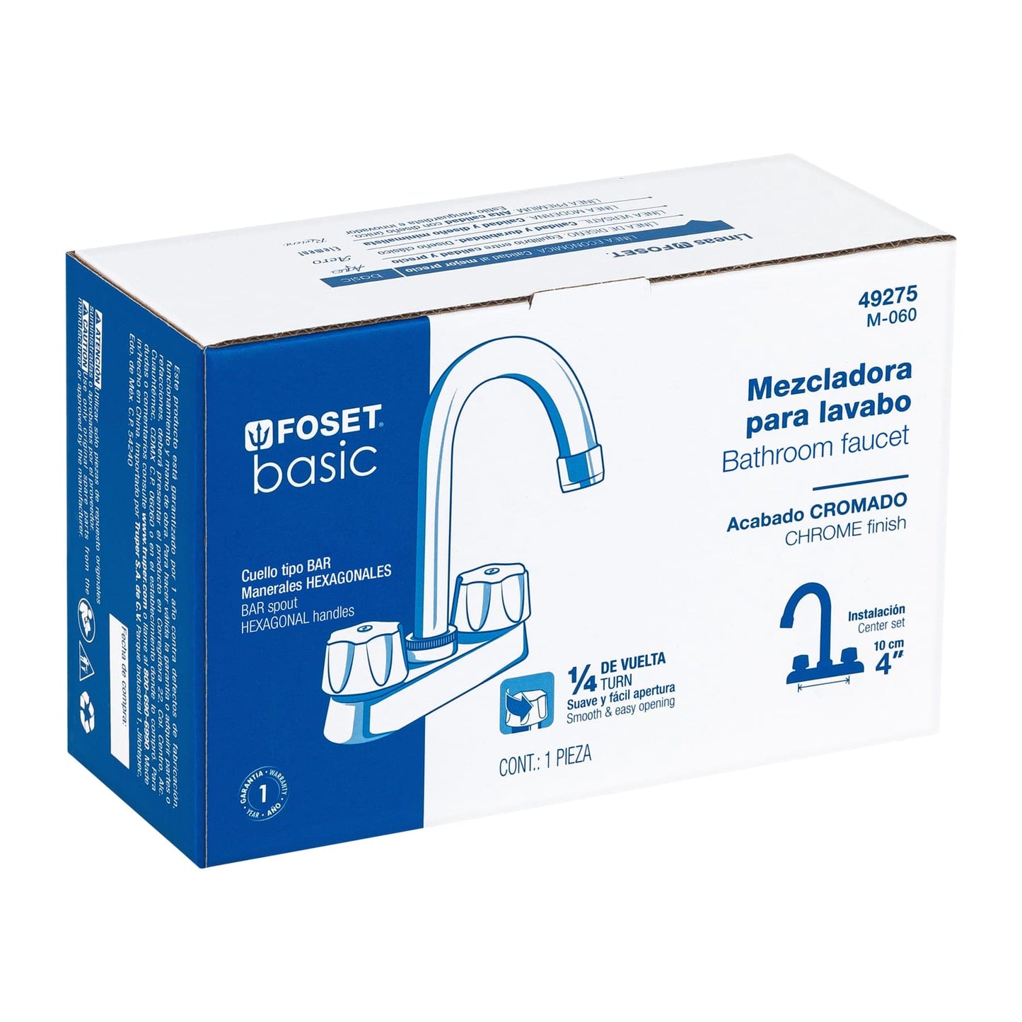 MEZCLADORA 4' PARA LAVABO, CUELLO BAR, CARTUCHO CERÁMICO 49275 P