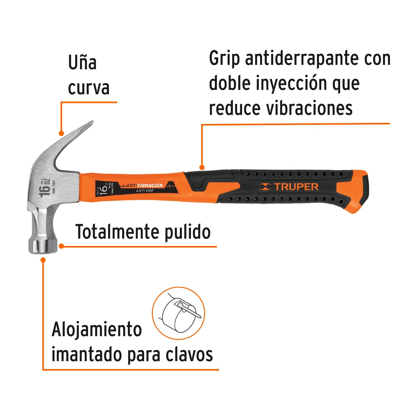MARTILLO 16 OZ UÑA CURVA, MANGO FIBRE DE VIDRIO, TRUPER 19710 *