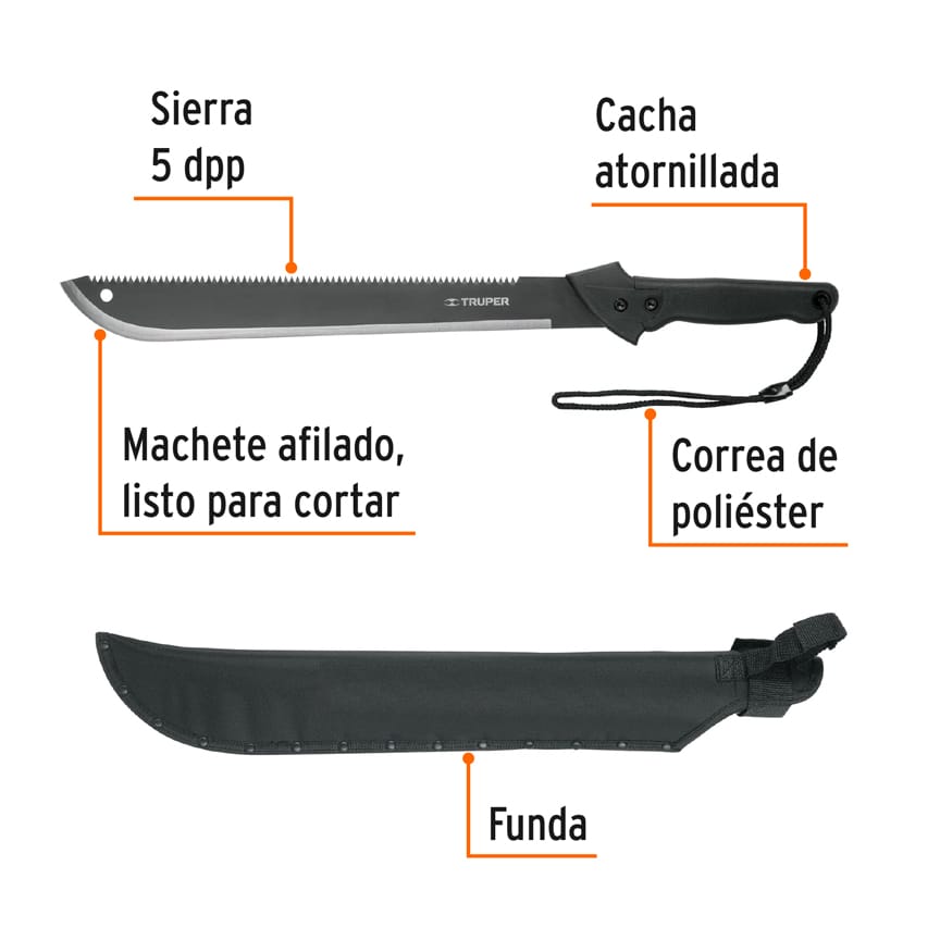 MACHETE DOBLE FILO 18'' CACHA BIMATERIAL, CON FUNDA, TRUPER 13098 *