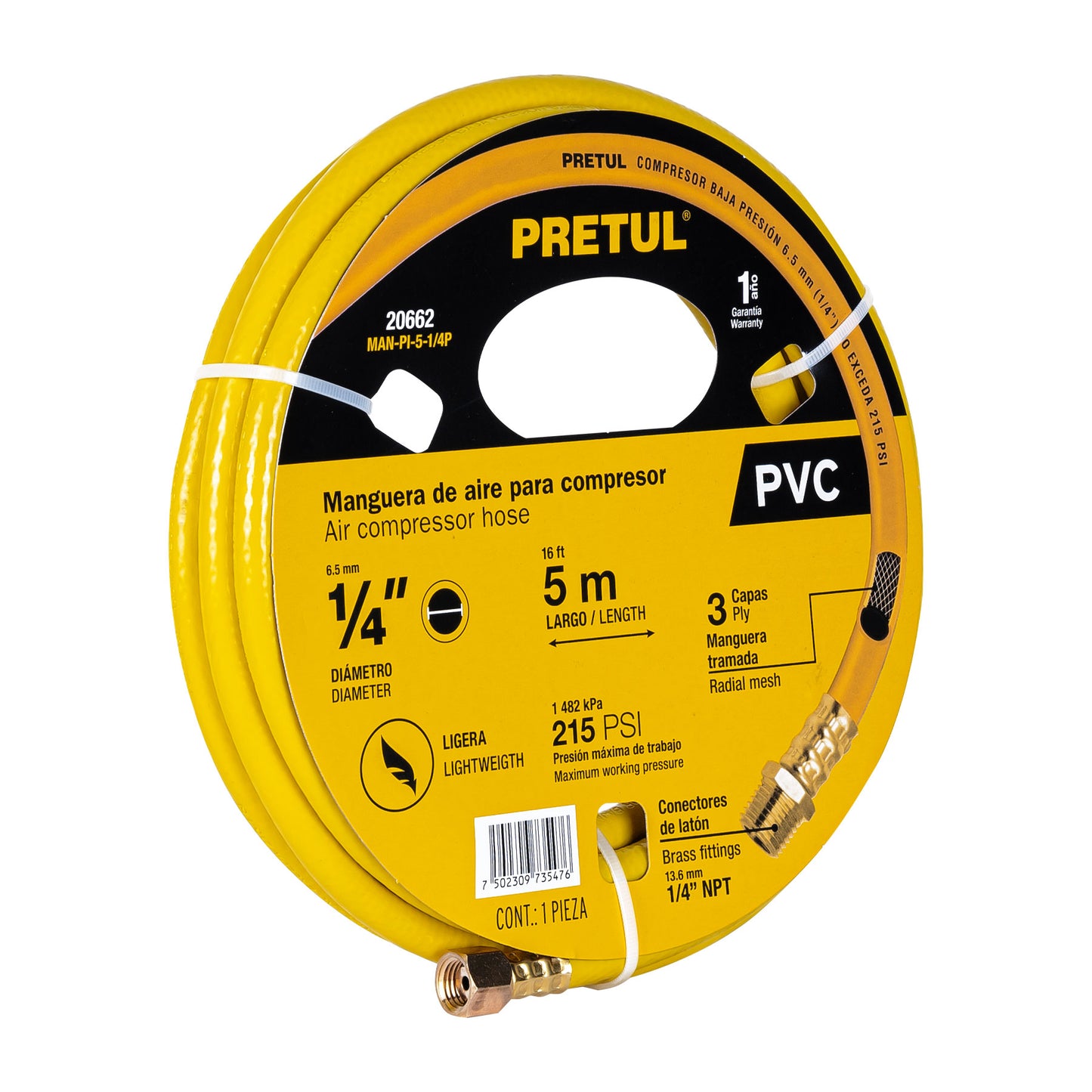 MANGUERA PARA COMPRESOR, DE PVC, 5M X 1/4", PRETUL 20662 *