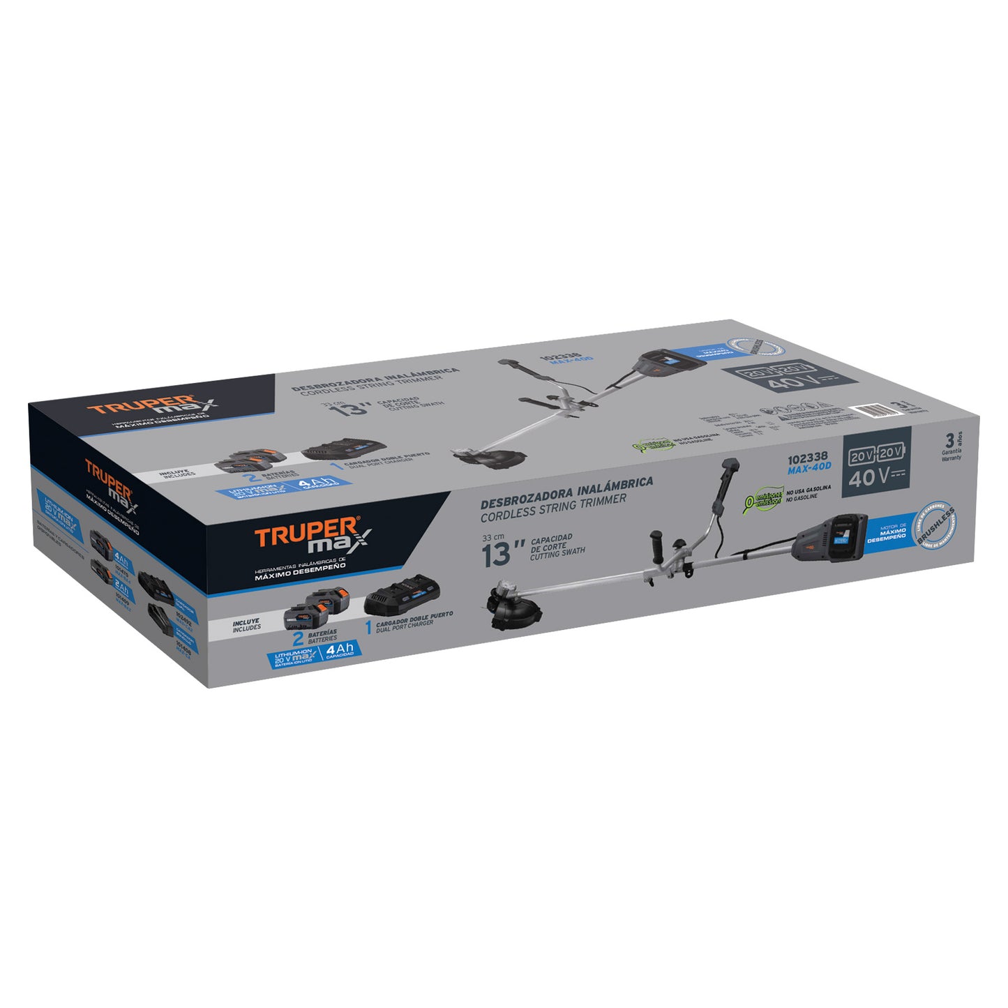 DESBROZADORA INALÁMBRICA 13'', 40V, SIN CARBONES, TRUPER MAX 102338 N