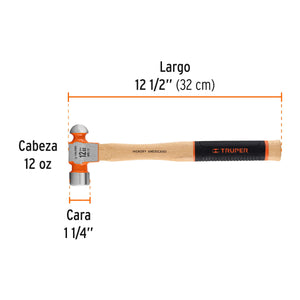 MARTILLO PULIDO DE BOLA 12 OZ MANGO HICKORY, TRUPER GRIP 16901 *