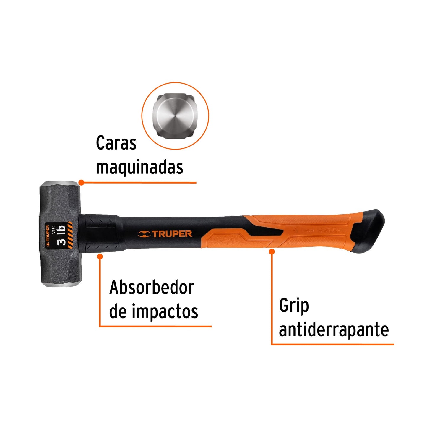 MARRO OCTAGONAL 3LB, MANGO DE FIBRA DE VIDRIO 14'', TRUPER 19883 P