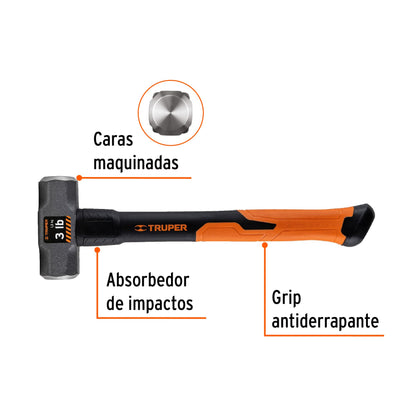 MARRO OCTAGONAL 3LB, MANGO DE FIBRA DE VIDRIO 14'', TRUPER 19883 P