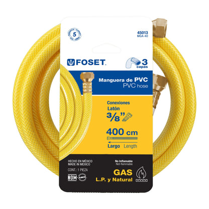 MANGUERA PARA GAS, PVC AMARILLA, 3/8"FLARE, 4 M, FOSET 45013 *