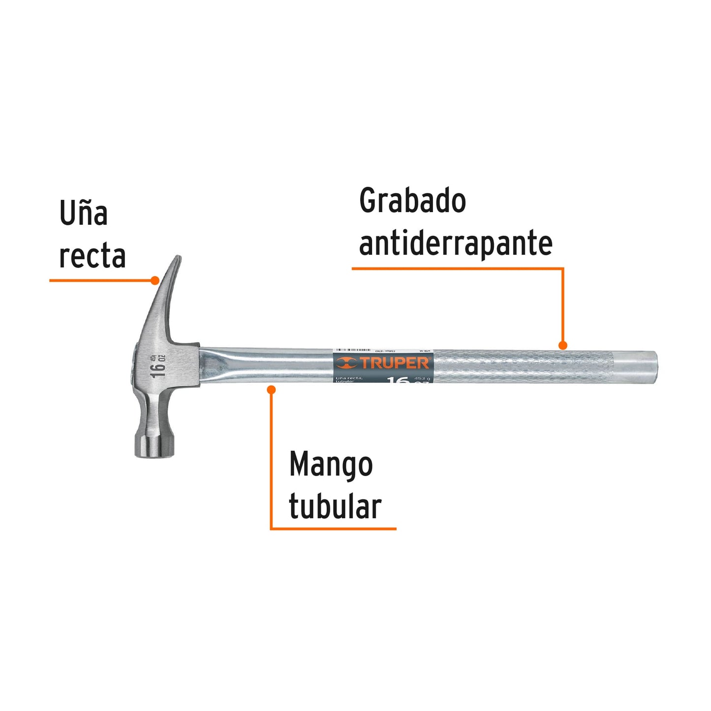 MARTILLO TUBULAR PULIDO 16 OZ UÑA RECTA, TRUPER 16702 P