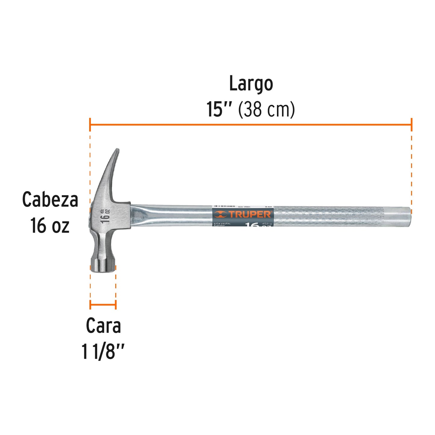 MARTILLO TUBULAR PULIDO 16 OZ UÑA RECTA, TRUPER 16702 P