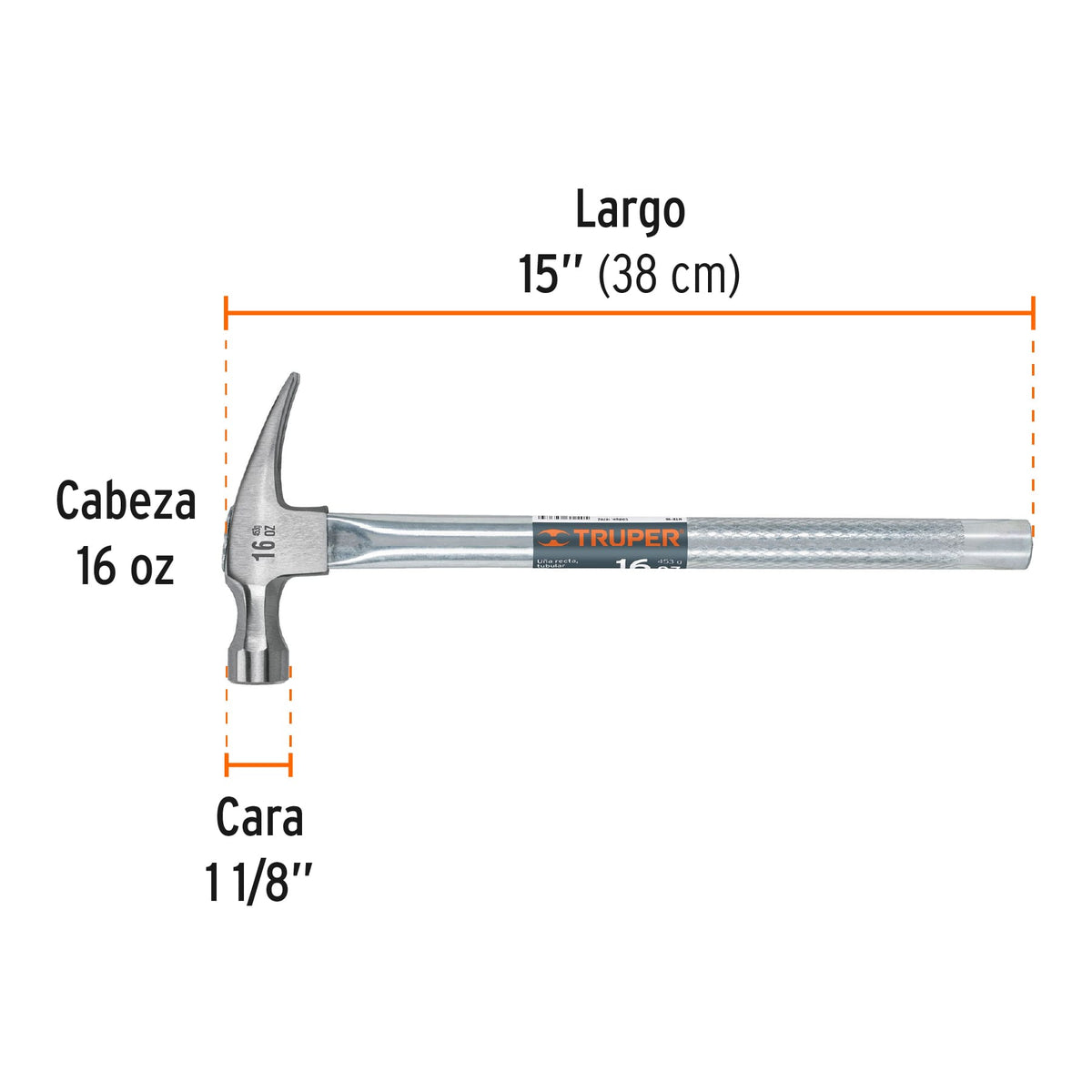 MARTILLO TUBULAR PULIDO 16 OZ UÑA RECTA, TRUPER 16702 P