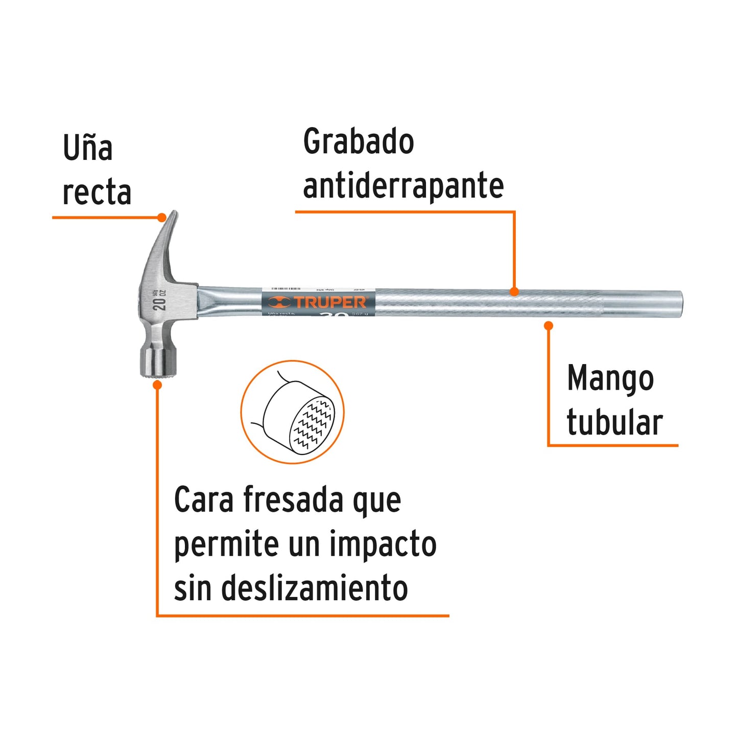 MARTILLO UÑA RECTA 20 OZ, MANGO TUBULAR, BOCA FRESADA 16704 *
