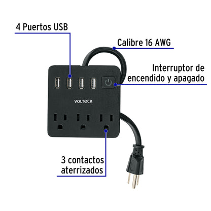 MULTICONTACTO 16 AWG DOMÉSTICO, 3 ENTRADAS 4 PTOS USB, NEGRO 49321 *L