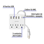 MULTICONTACTO 16 AWG DOMÉSTICO 3 ENTRADAS 4 PTOS USB, BLANCO 49322 P
