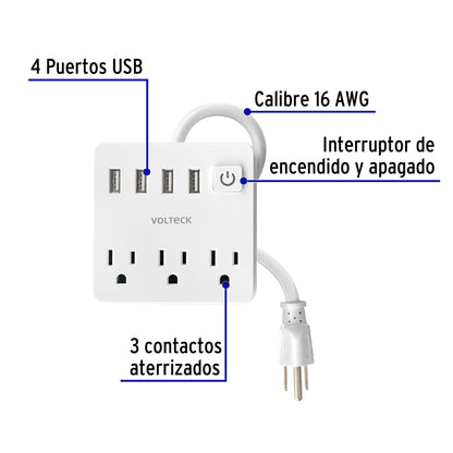 MULTICONTACTO 16 AWG DOMÉSTICO 3 ENTRADAS 4 PTOS USB, BLANCO 49322 P