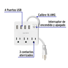 Cargar imagen en el visor de la galería, MULTICONTACTO 16 AWG DOMÉSTICO 3 ENTRADAS 4 PTOS USB, BLANCO 49322 P
