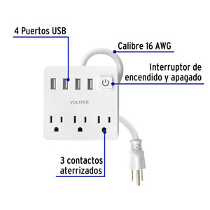 MULTICONTACTO 16 AWG DOMÉSTICO 3 ENTRADAS 4 PTOS USB, BLANCO 49322 P