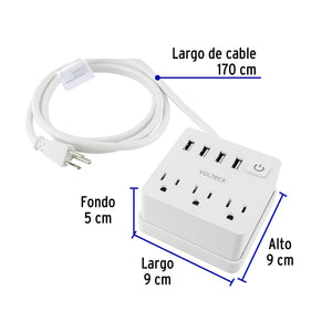 MULTICONTACTO 16 AWG DOMÉSTICO 3 ENTRADAS 4 PTOS USB, BLANCO 49322 P