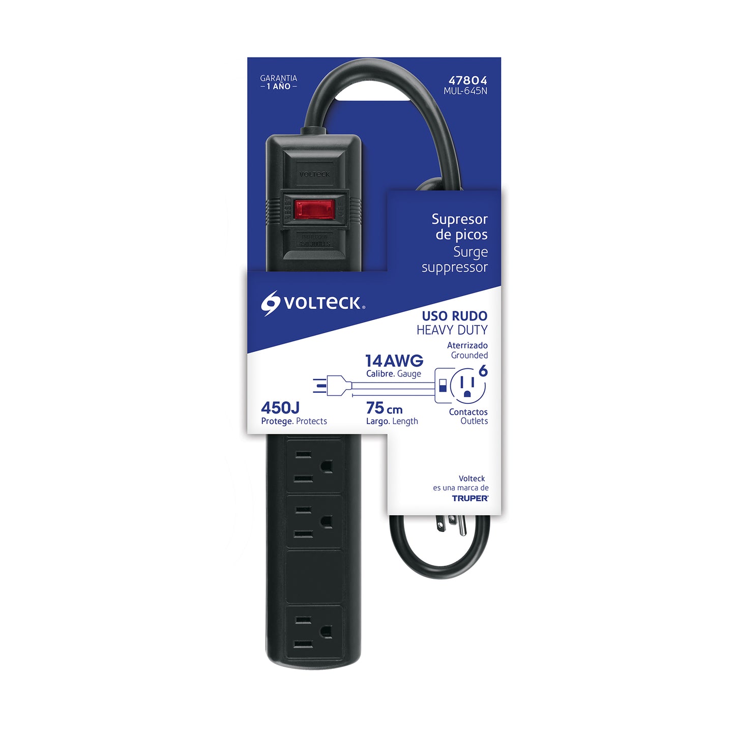 MULTICONTACTO 14 AWG 6 ENT. 450 JOULES, NEGRO 47804 *