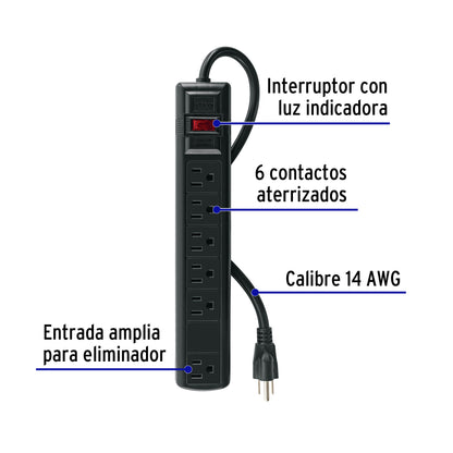 MULTICONTACTO 14 AWG 6 ENT. 450 JOULES, NEGRO 47804 *