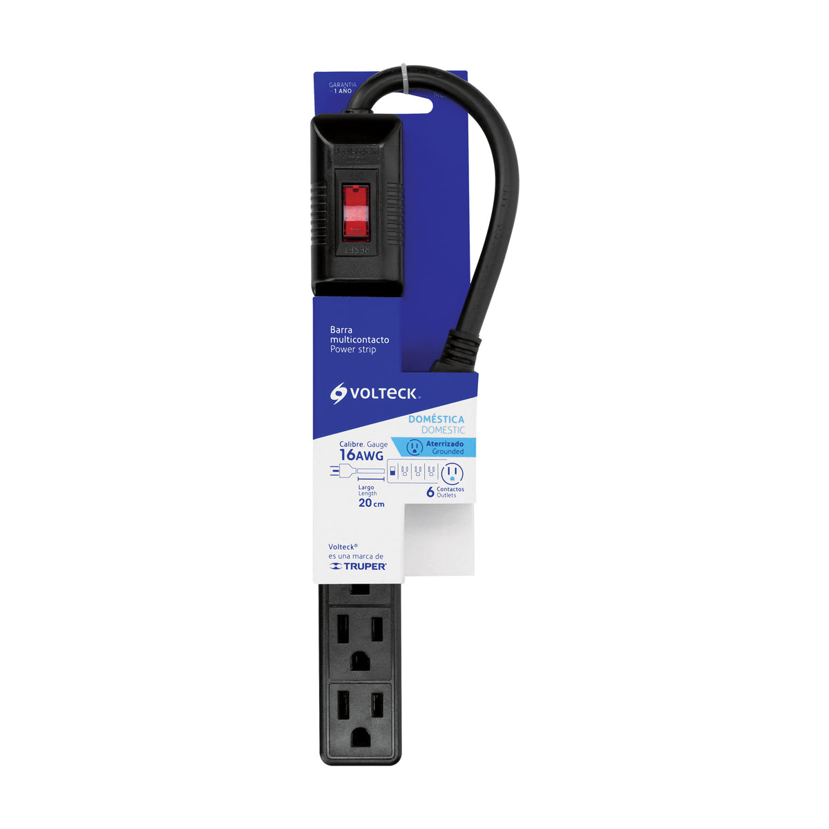 MULTICONTACTO 16 AWG DOMÉSTICO 6 ENTRADAS, NEGRO 49860 *