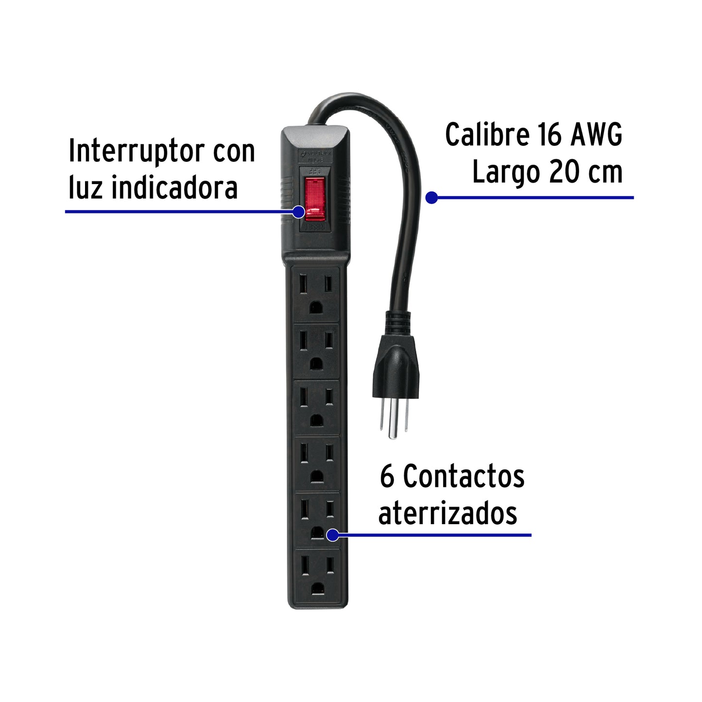 MULTICONTACTO 16 AWG DOMÉSTICO 6 ENTRADAS, NEGRO 49860 *
