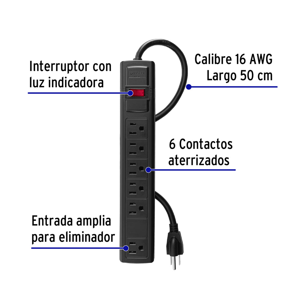 MULTICONTACTO 16 AWG DOMÉSTICO 6 ENTRADAS, NEGRO, VOLTECK 49859 *