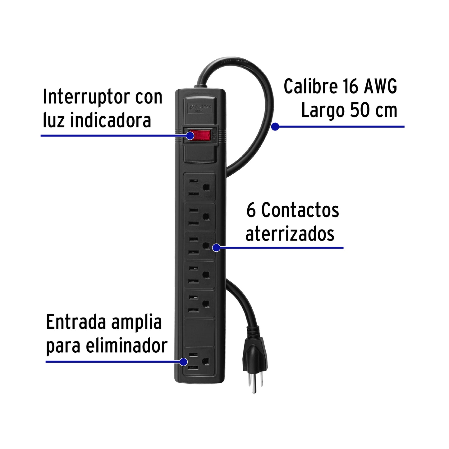 MULTICONTACTO 16 AWG DOMÉSTICO 6 ENTRADAS, NEGRO, VOLTECK 49859 *