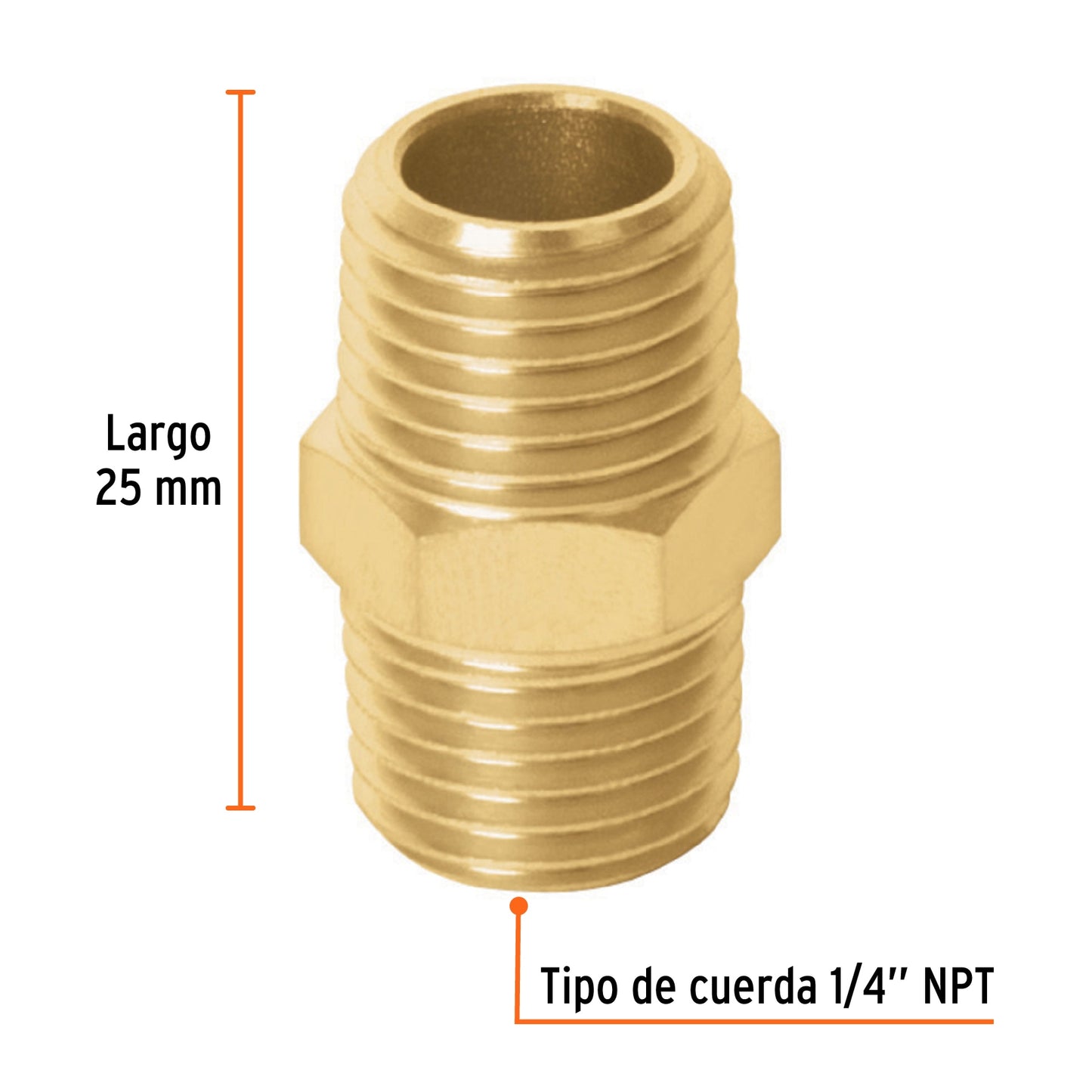 NIPLE DE LATÒN, TIPO FF, CUERDA 1/4 NPT, TRUPER 19024 *