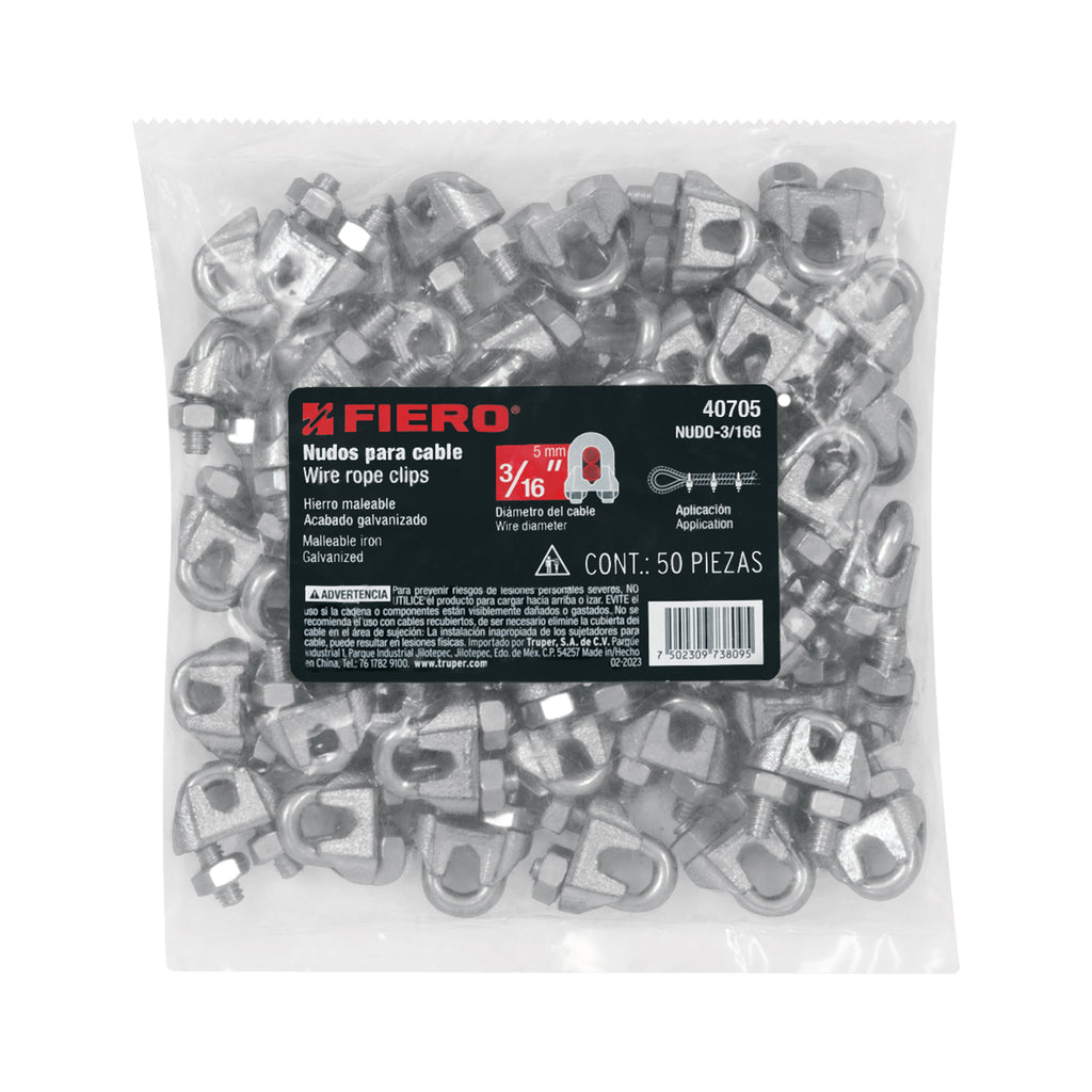 BOLSA C/50 NUDOS (PERROS) DE HIERRO P/CABLE DE 3/16", FIERO 40705 *