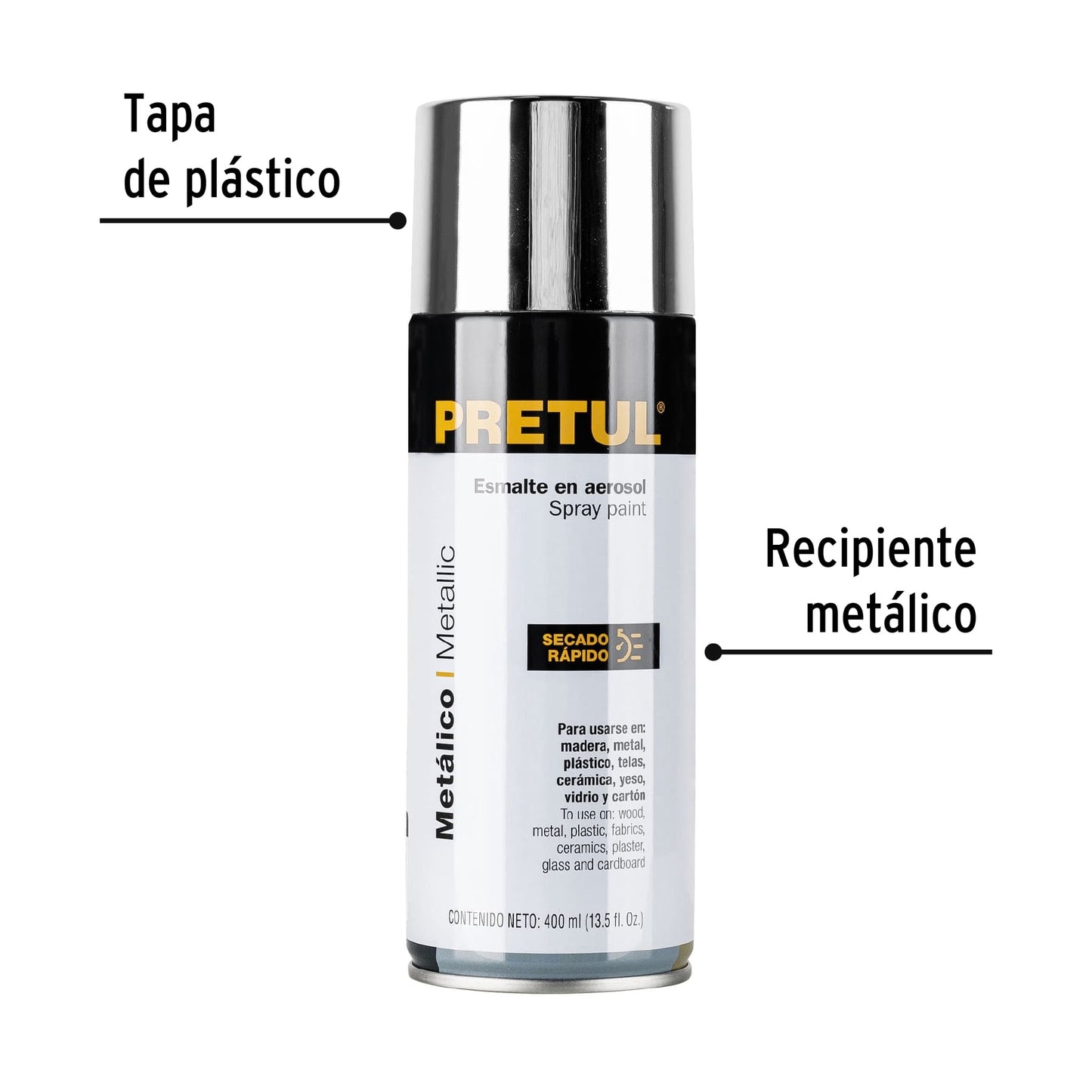 PINTURA EN AEROSOL METÁLICA, CROMO, 400 ML, PRETUL 27177 *