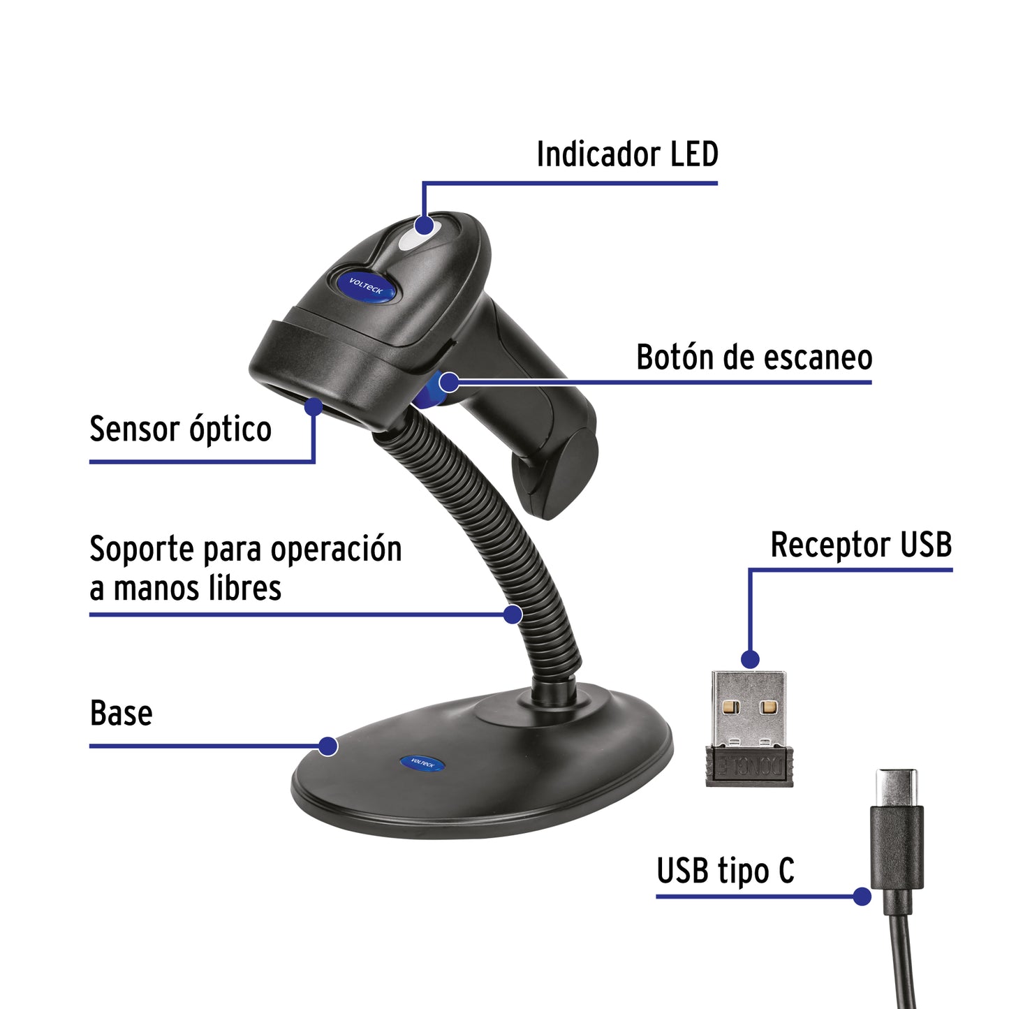Lector de código de barras 2D, inalámbrico, VOLTECK 44196