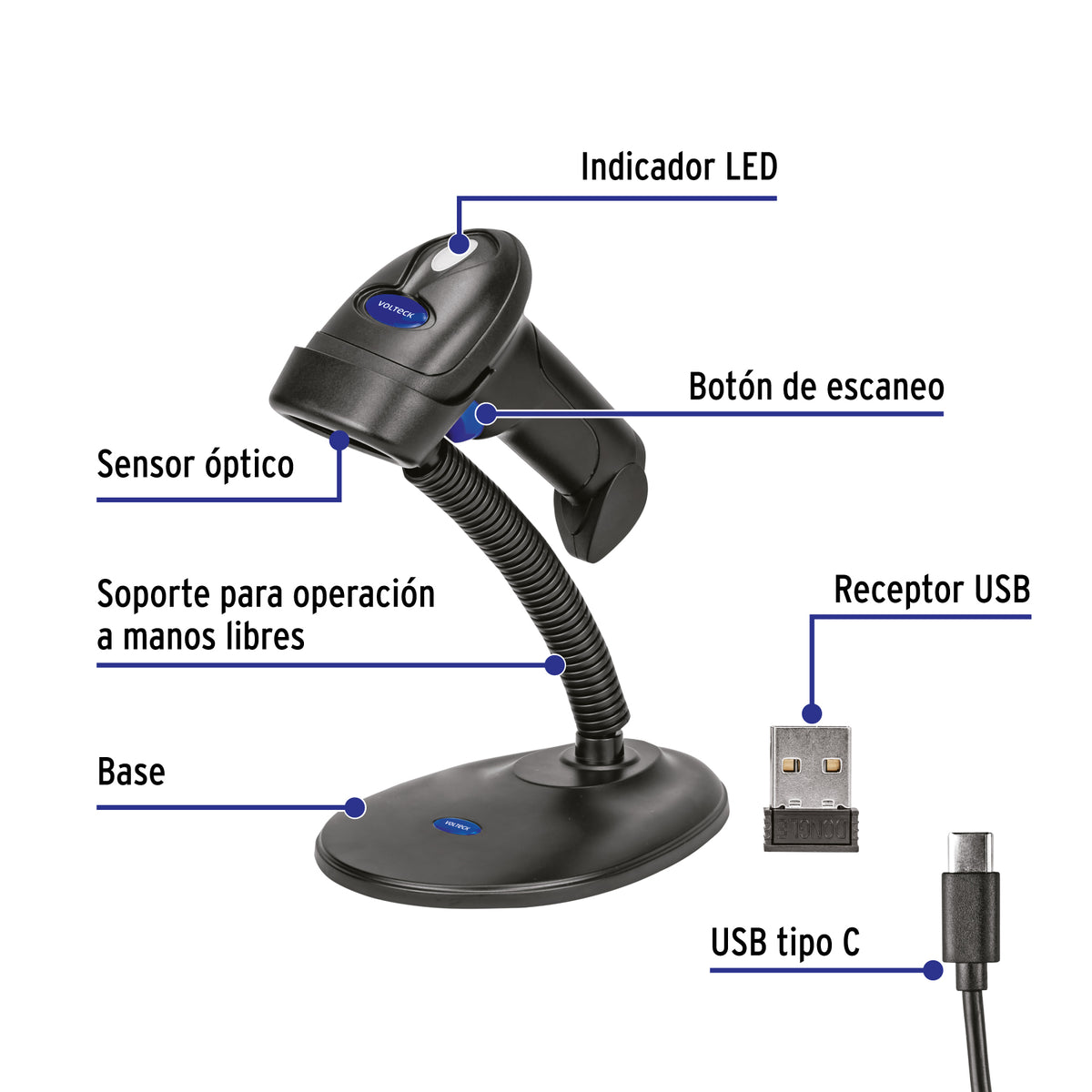 Lector de código de barras 2D, inalámbrico, VOLTECK 44196