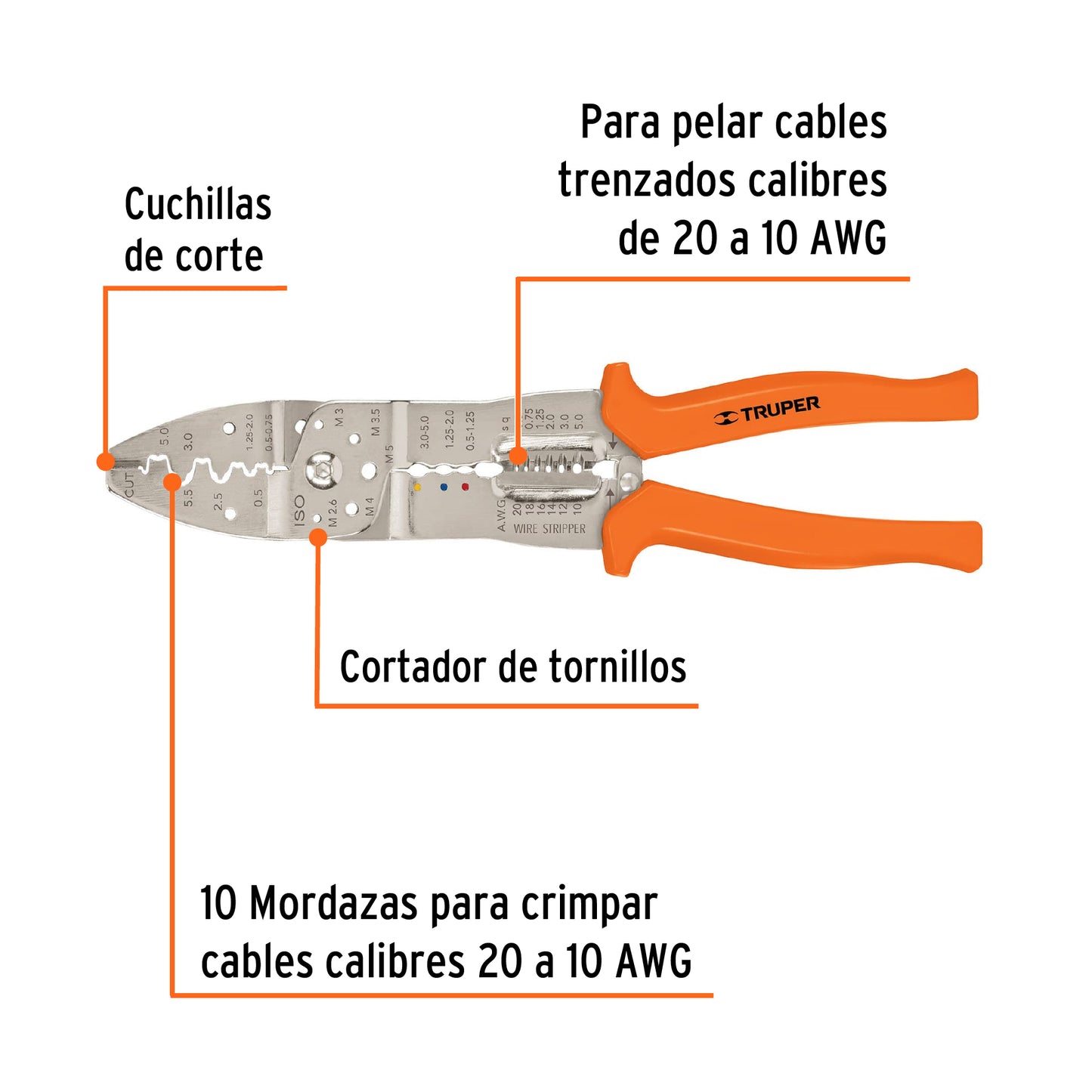 PINZA 10'' PELA CABLES, 20 A 10 AWG, TRUPER 17358 P