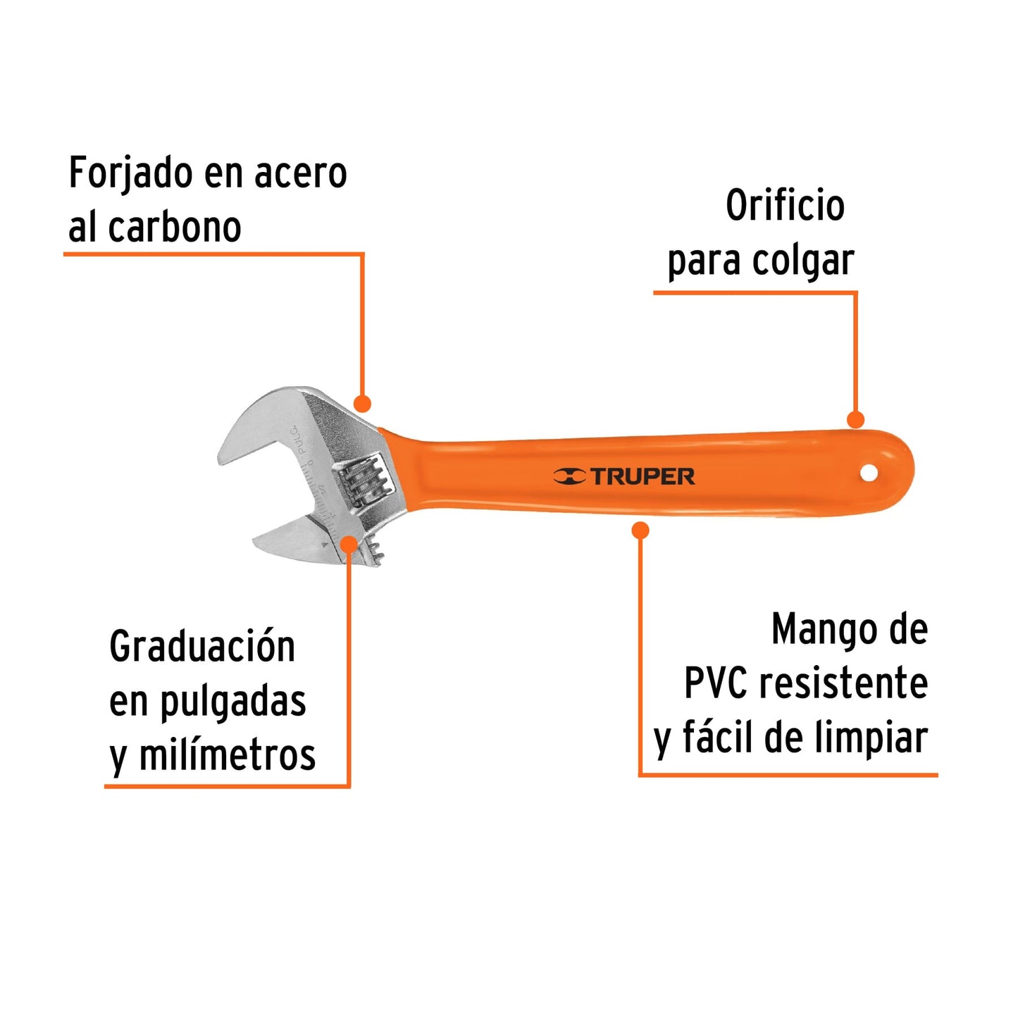 LLAVE AJUTABLE (PERICO) 12'' CROMADA MANGO DE PVC, TRUPER 15512 *