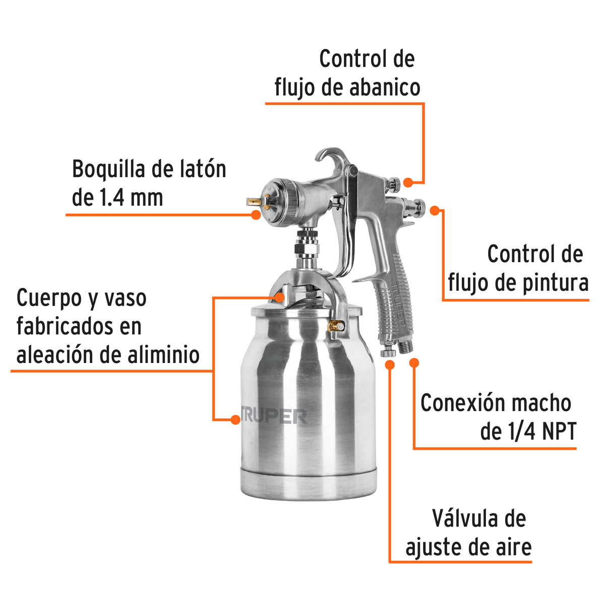 PISTOLA P/PINTAR SUCCIÒN HVLP VASO ALUMINIO, 1.4 MM, TRUPER 14084 P
