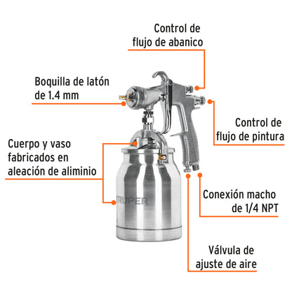 PISTOLA P/PINTAR SUCCIÒN HVLP VASO ALUMINIO, 1.4 MM, TRUPER 14084 P