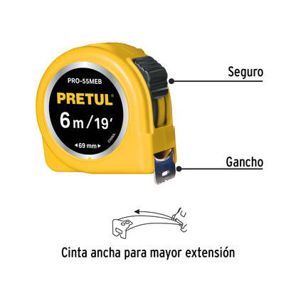 FLEXÓMETRO AMARILLO, 6M, CINTA 19MM, PRETUL TARJETA 28022 *