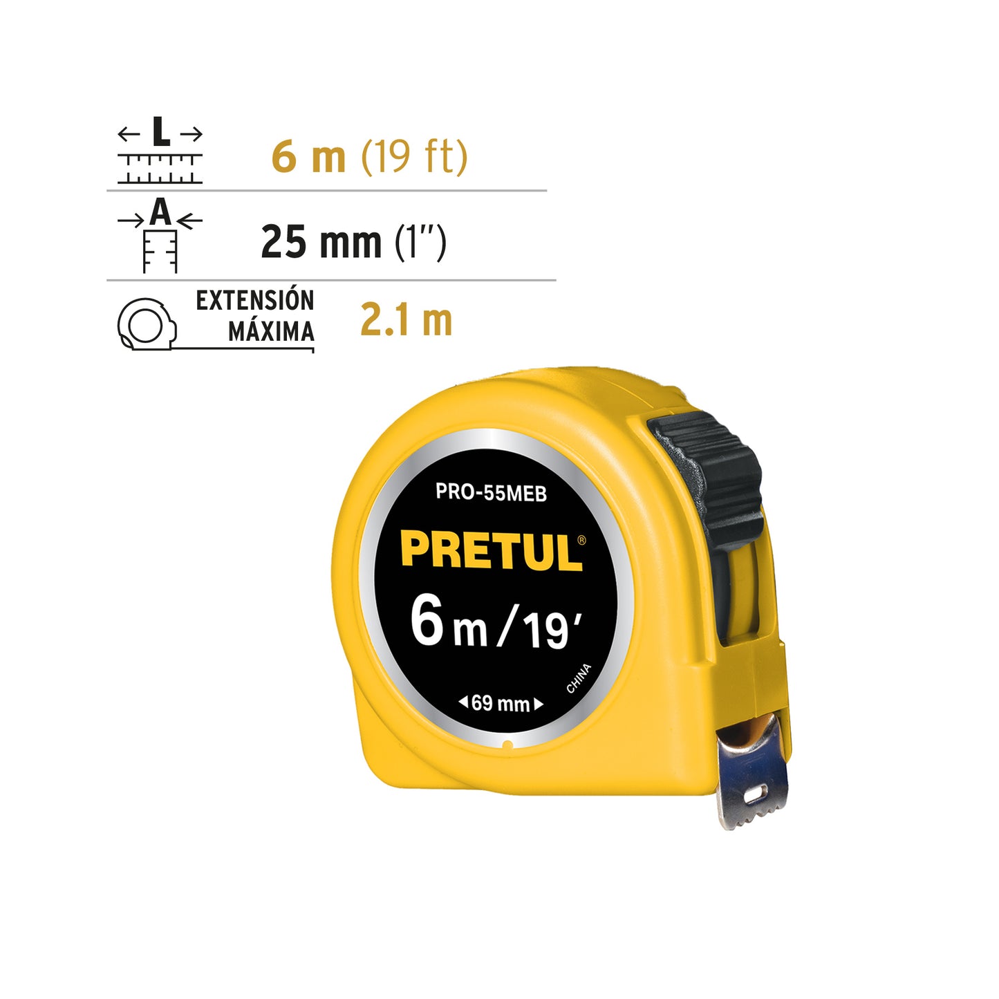 FLEXÓMETRO AMARILLO, 6M, CINTA 19MM, PRETUL TARJETA 28022 *