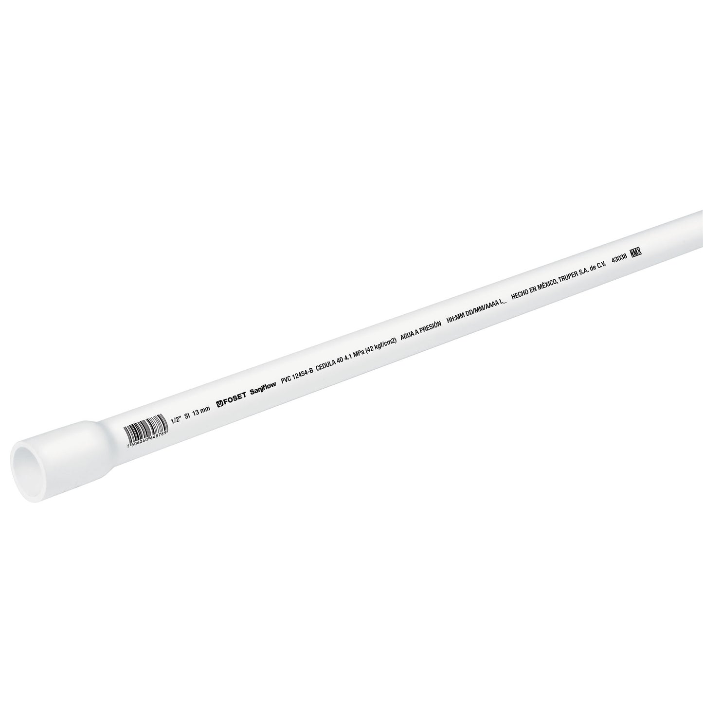 TUBO DE 3 M DE PVC DE 1/2" HIDRÁULICO CÉDULA 40, FOSET 43038 P
