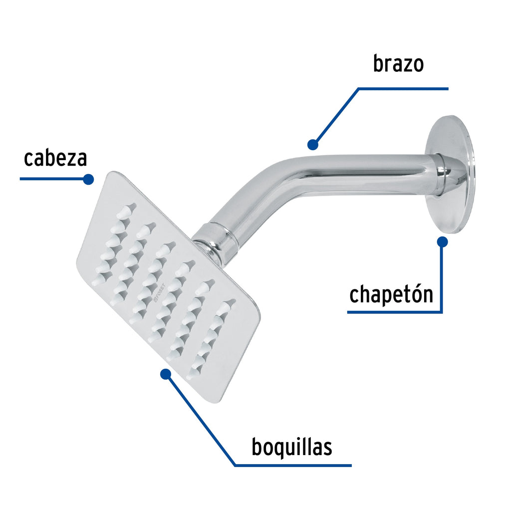 REGADERA CUADRADA 4', ACERO INOX, CON BRAZO, CROMO, TÚBIG 47734 *