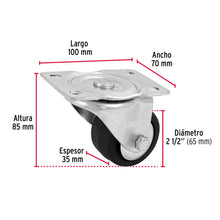 Cargar imagen en el visor de la galería, RODAJA HULE 2-1/2&#39;, PLACA GIRATORIA CON BALERO, CARGA 80 KG 48608 P
