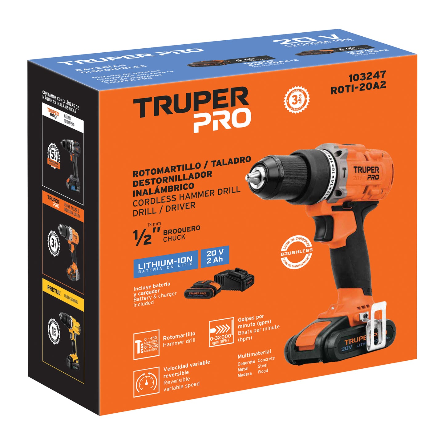 ROTORMARTILLO INALAMBRICO 1/2'', 20V, TRUPER PRO 103247 *