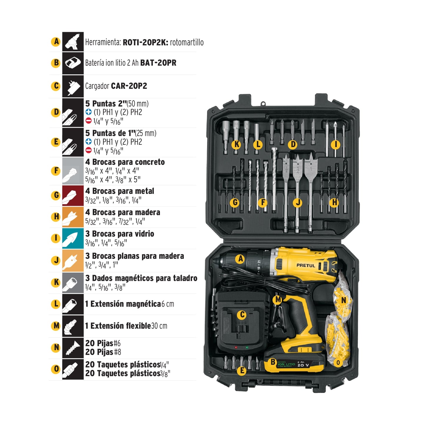 KIT ROTOMARTILLO 1/2", 20V, 32 ACCESORIOS PRETUL 29000 *