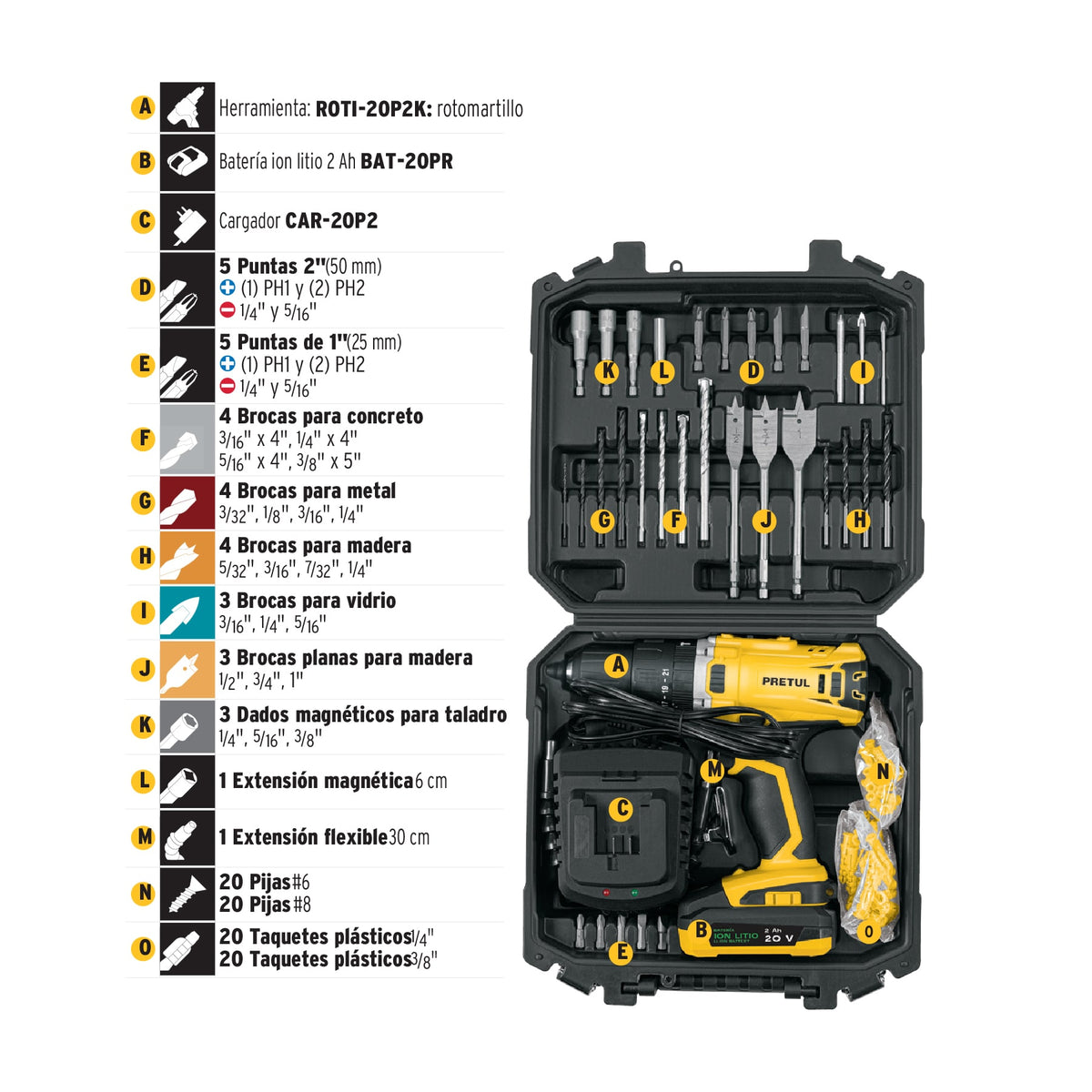 KIT ROTOMARTILLO 1/2", 20V, 32 ACCESORIOS PRETUL 29000 *
