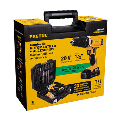 KIT ROTOMARTILLO 1/2", 20V, 32 ACCESORIOS PRETUL 29000 *